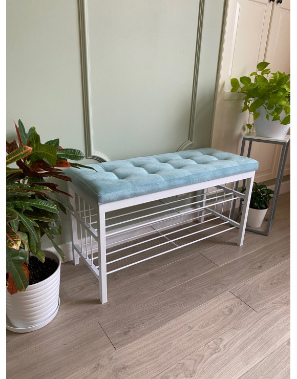  Банкетка Сканди 96-2х полочная Велюр белый/светло-бирюзовый